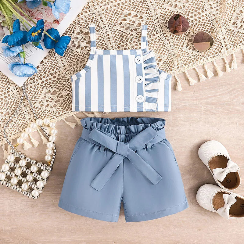 Summer New Kid's Baby Clothes Set 2Pcs Girl's Striped Suspenders