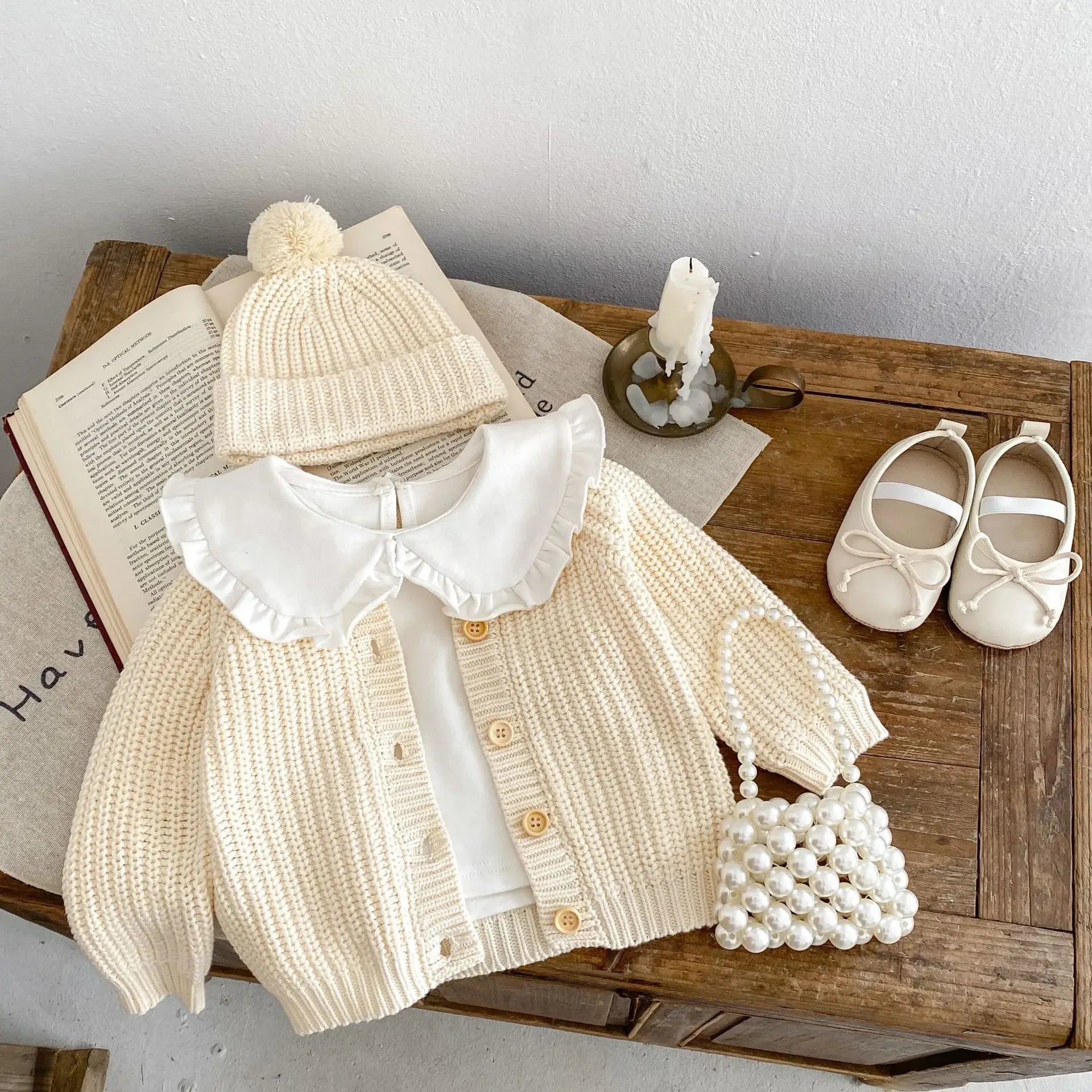 Baby Sweater Coat Autumn 2024 Solid Color Beige Knitted Girl's Sweater