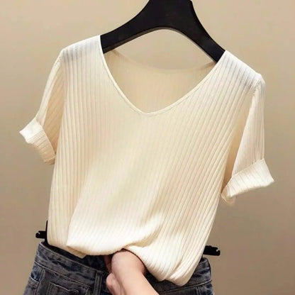 Women T-shirts Knitting Crop Short Sleeve Stretchy T-shirt Ice silk Tops