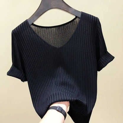 Women T-shirts Knitting Crop Short Sleeve Stretchy T-shirt Ice silk Tops