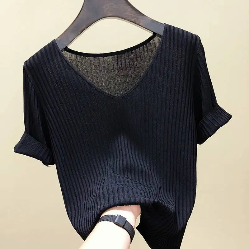 Women T-shirts Knitting Crop Short Sleeve Stretchy T-shirt Ice silk Tops