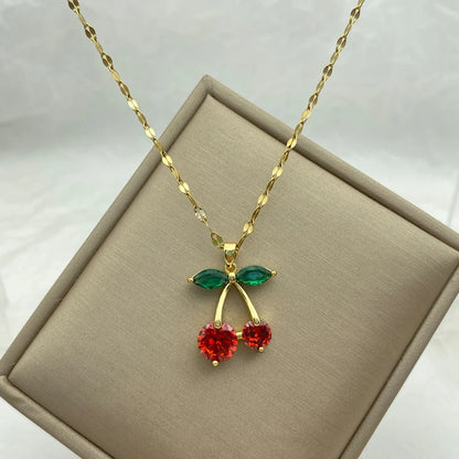 Gold Plated Stainless Steel Necklaces With Zircons Red Cherry