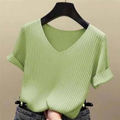 Women T-shirts Knitting Crop Short Sleeve Stretchy T-shirt Ice silk Tops