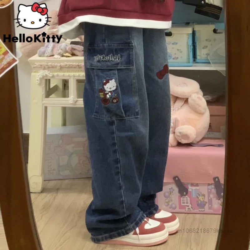 Sanrio Clothes Women Jeans Fashion Wide Leg Pants Streetwear Vintage trousers.