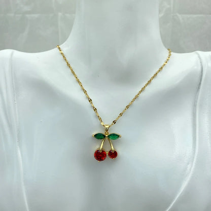 Gold Plated Stainless Steel Necklaces With Zircons Red Cherry