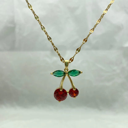 Gold Plated Stainless Steel Necklaces With Zircons Red Cherry