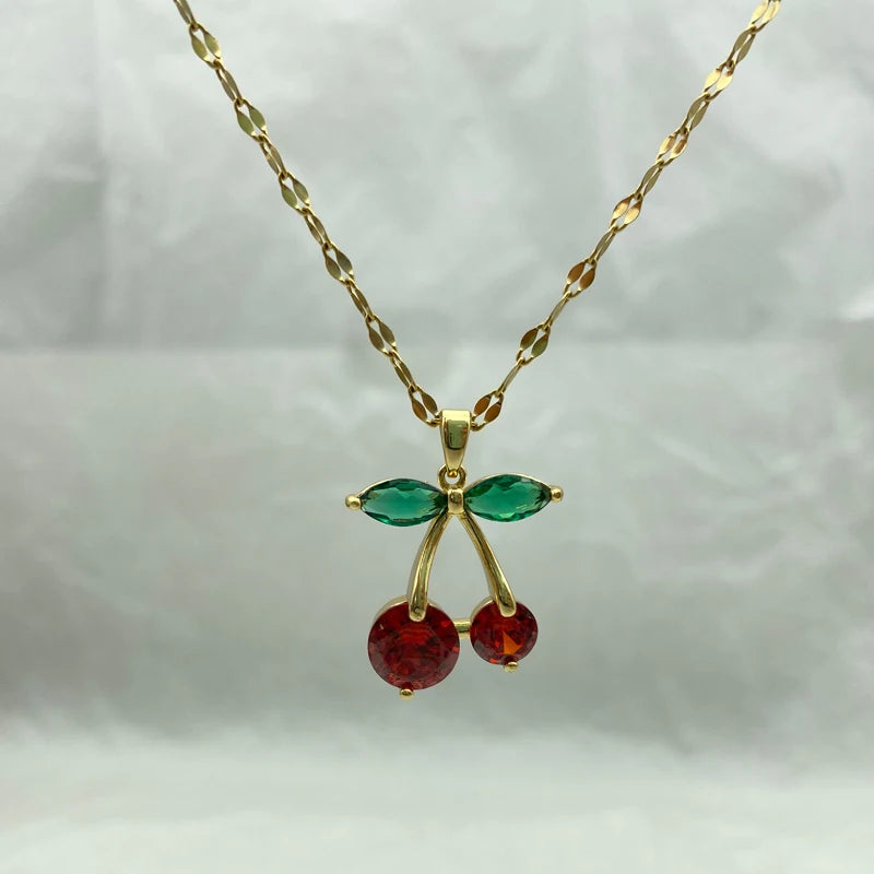 Gold Plated Stainless Steel Necklaces With Zircons Red Cherry