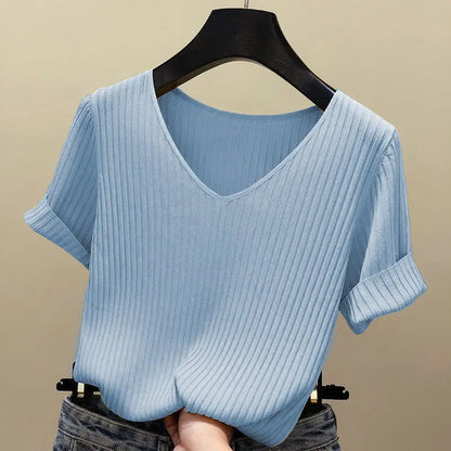 Women T-shirts Knitting Crop Short Sleeve Stretchy T-shirt Ice silk Tops