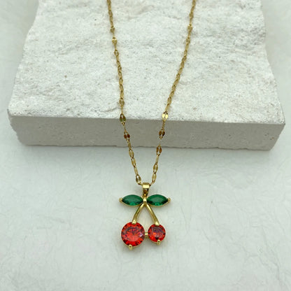 Gold Plated Stainless Steel Necklaces With Zircons Red Cherry