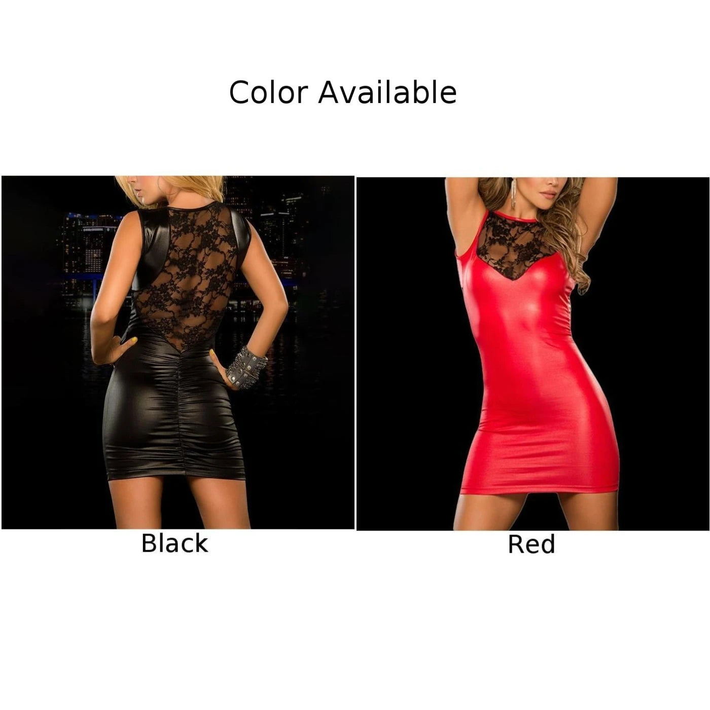 Wet Look Short Dress Pu Leather Bodycon Club Wear for Women Sexy Lace See Though Night Party Dress Black or Red