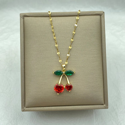 Gold Plated Stainless Steel Necklaces With Zircons Red Cherry