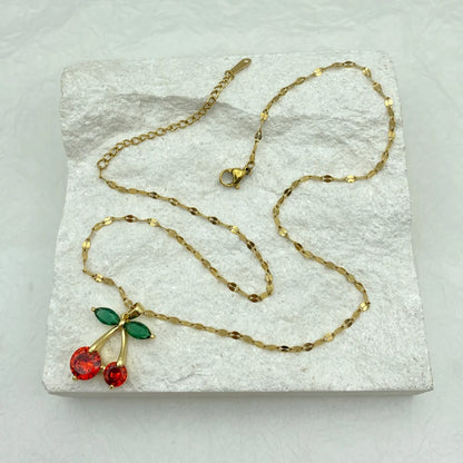 Gold Plated Stainless Steel Necklaces With Zircons Red Cherry